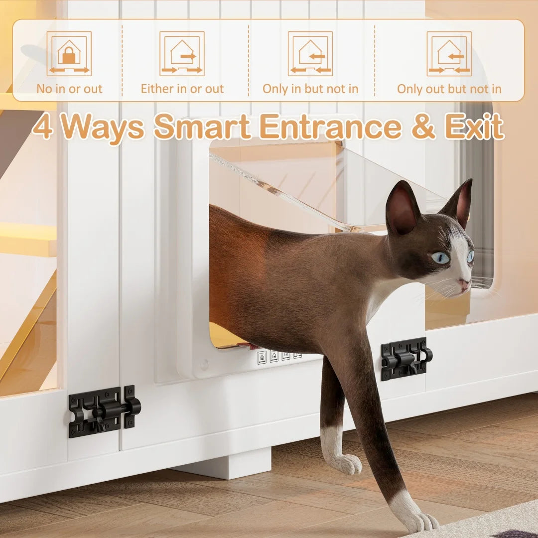 47.25" Large Hidden Litter Box Enclosure with LED Light & Cat Scratching Post, Smart Door Cat Litter Box Furniture with Stairs, Multi-Functional Cat House Side Table for Living Room, White