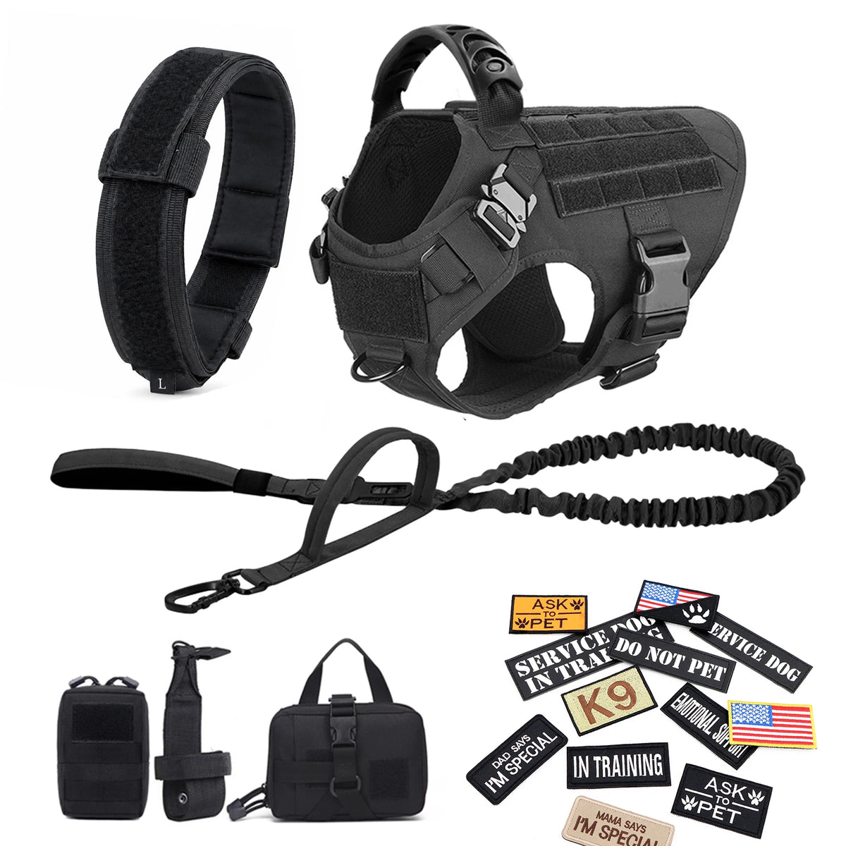 Military Large Dog Harness Collar Leash Bags Patches Set Pet Malinois Training Vests Tactical Dogs Harnesses Accessories