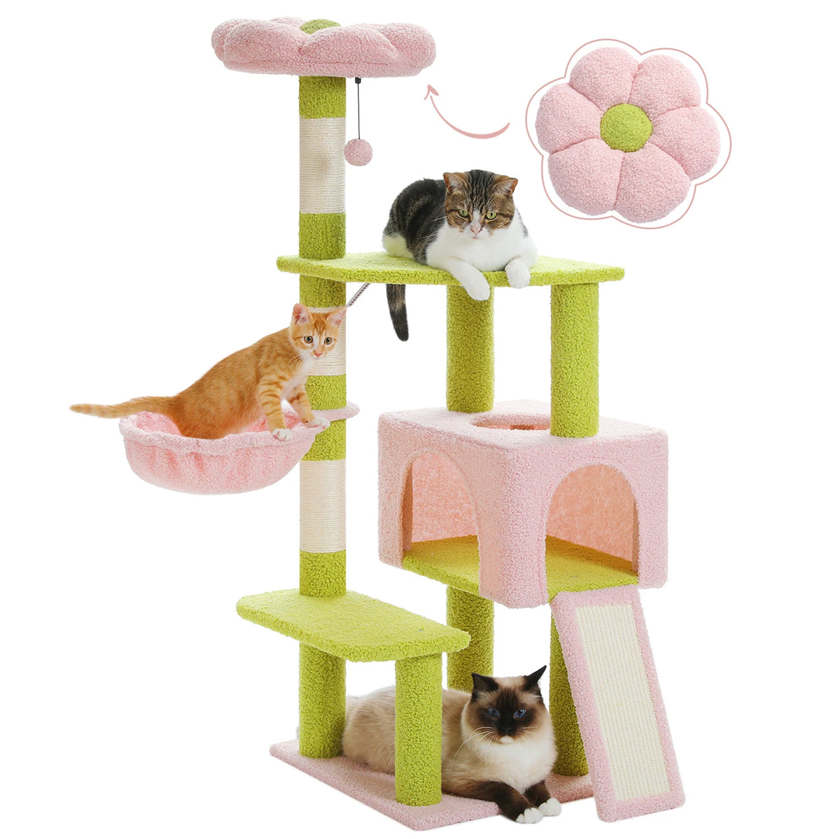 PEQULTI Flower Cat Tree Tower With Sisal Scratching Posts And Hammock