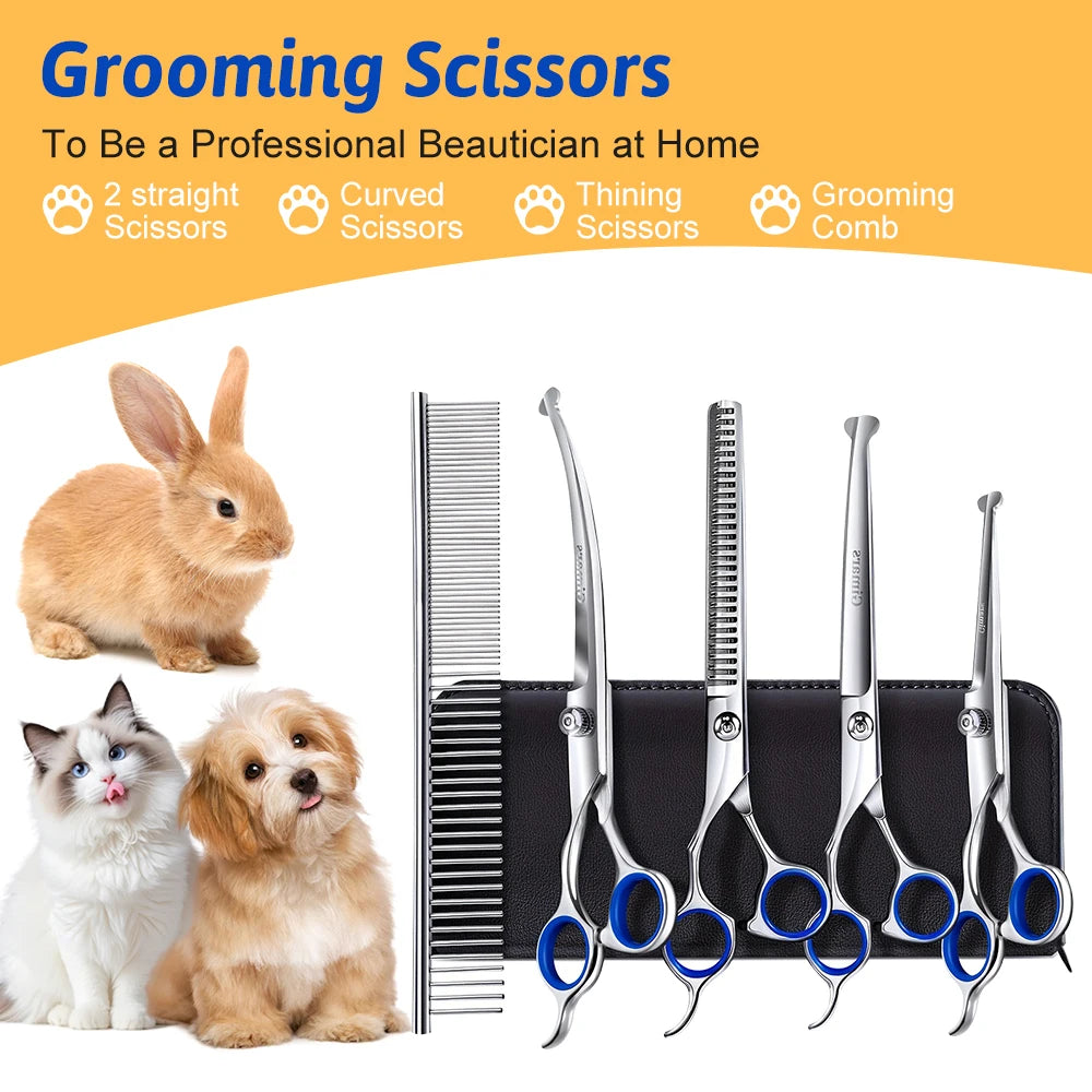 7-in-1 Professional Dog Grooming Scissors Set Stainless Steel Pet Clippers with Ceramic Coating Ergonomic Handle Safe round Tips And Storage Case