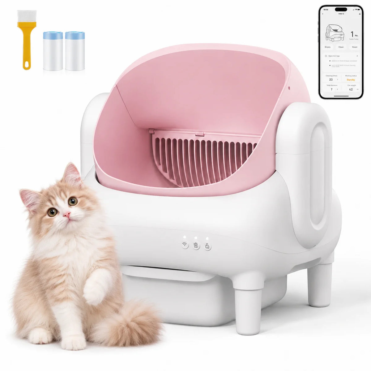 Automatic Cat Litter Box, Smart Self Cleaning Cat Litter Box Pink, App Control Anti-Pinch Safe Automatic Litter Box for Multiple Cats, Odor Isolation Large Space Cat Toilet