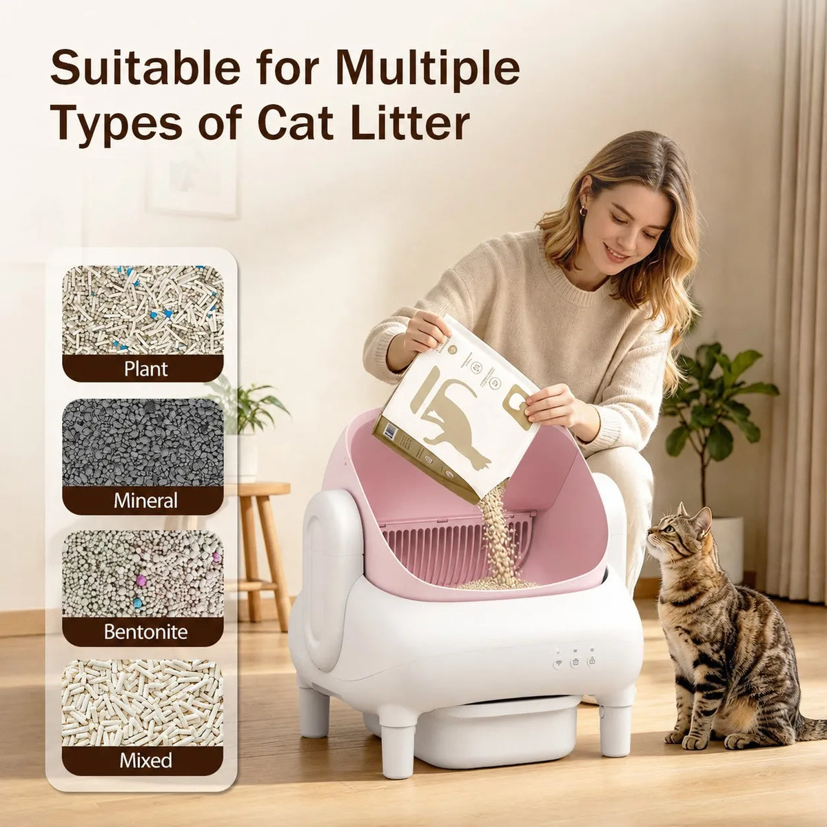 Automatic Cat Litter Box, Smart Self Cleaning Cat Litter Box Pink, App Control Anti-Pinch Safe Automatic Litter Box for Multiple Cats, Odor Isolation Large Space Cat Toilet