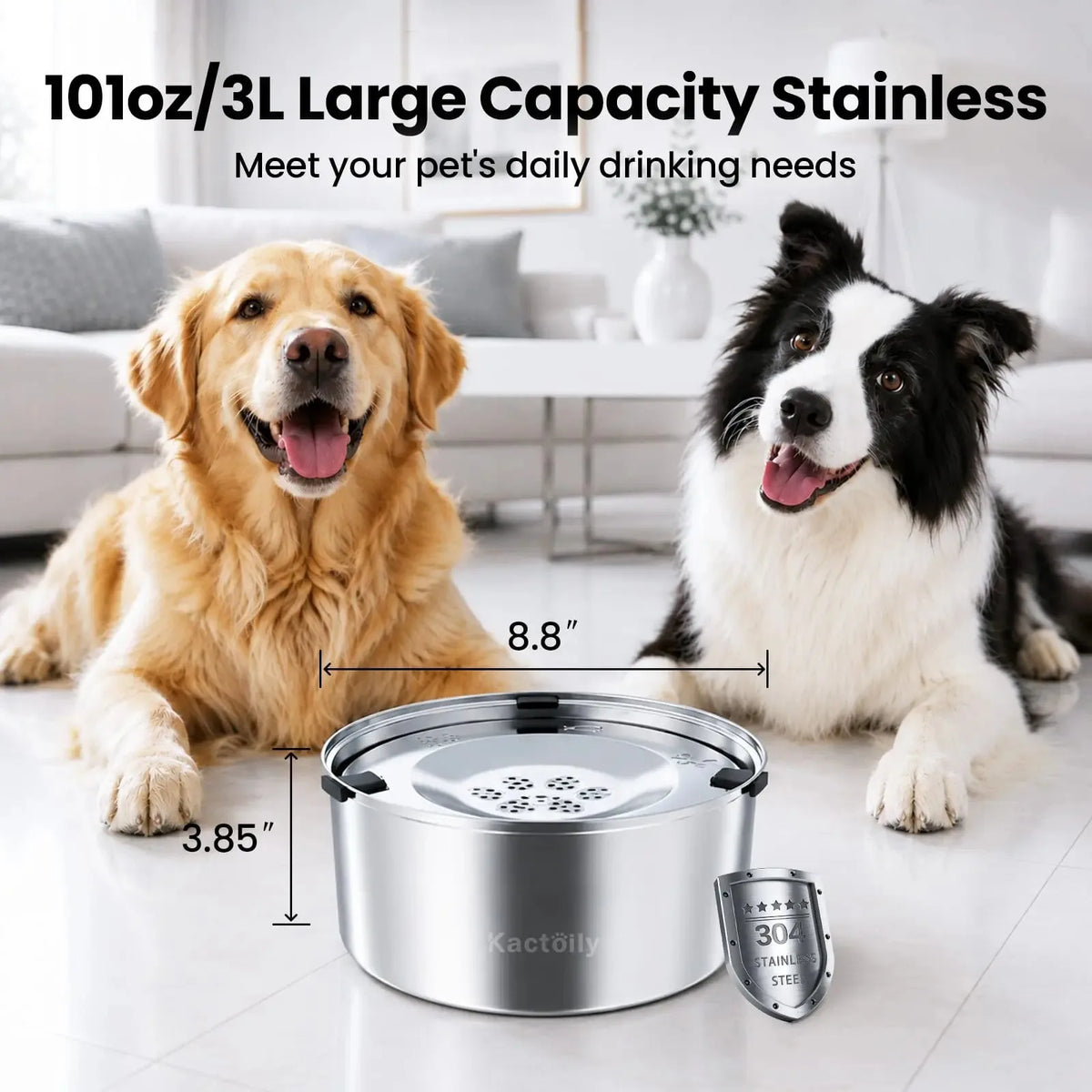 Kactoily 3L/101oz Stainless Steel Slow Drinking Dog Water Bowl, No-Spill & Splash-Proof Water Bowl for Medium & Large Dogs, Home, Car & Travel