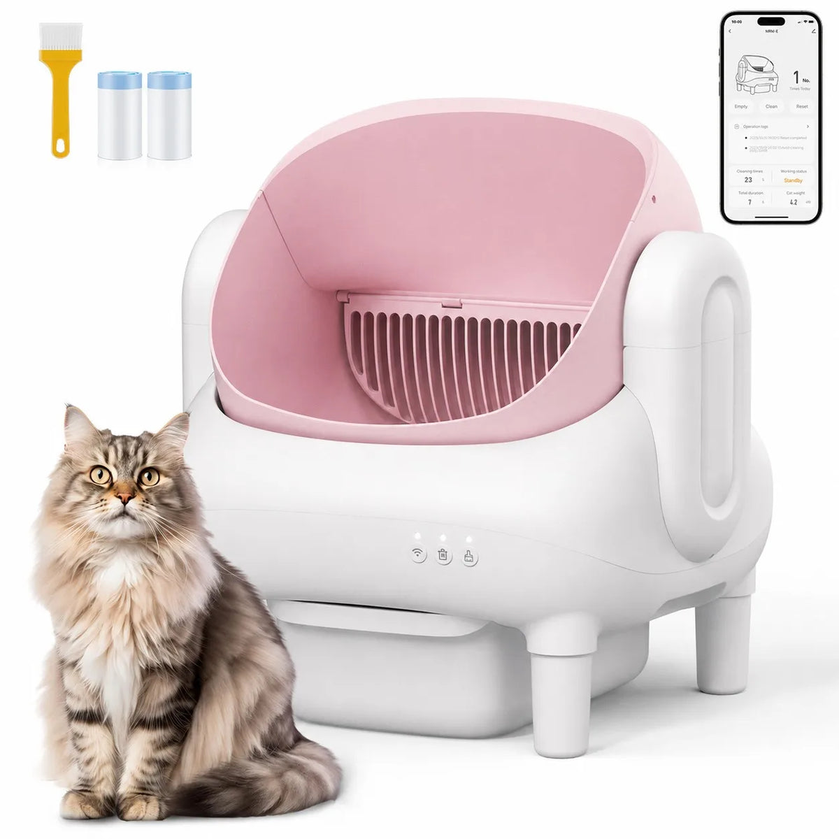 Automatic Cat Litter Box, Smart Self Cleaning Cat Litter Box Pink, App Control Anti-Pinch Safe Automatic Litter Box for Multiple Cats, Odor Isolation Large Space Cat Toilet