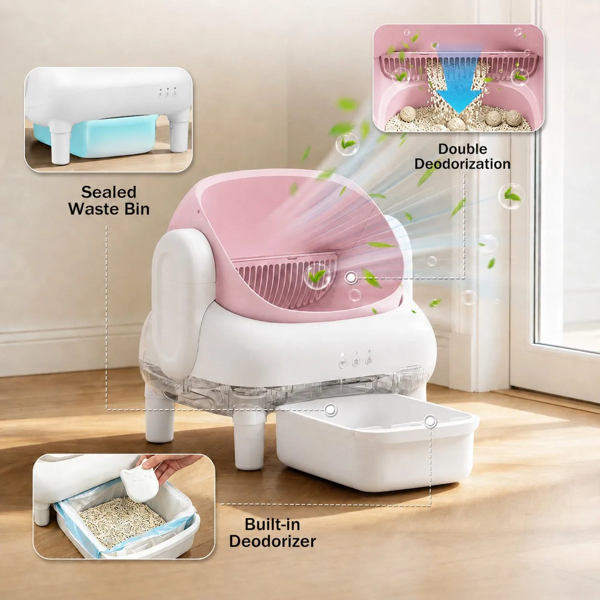 Automatic Cat Litter Box, Smart Self Cleaning Cat Litter Box Pink, App Control Anti-Pinch Safe Automatic Litter Box for Multiple Cats, Odor Isolation Large Space Cat Toilet