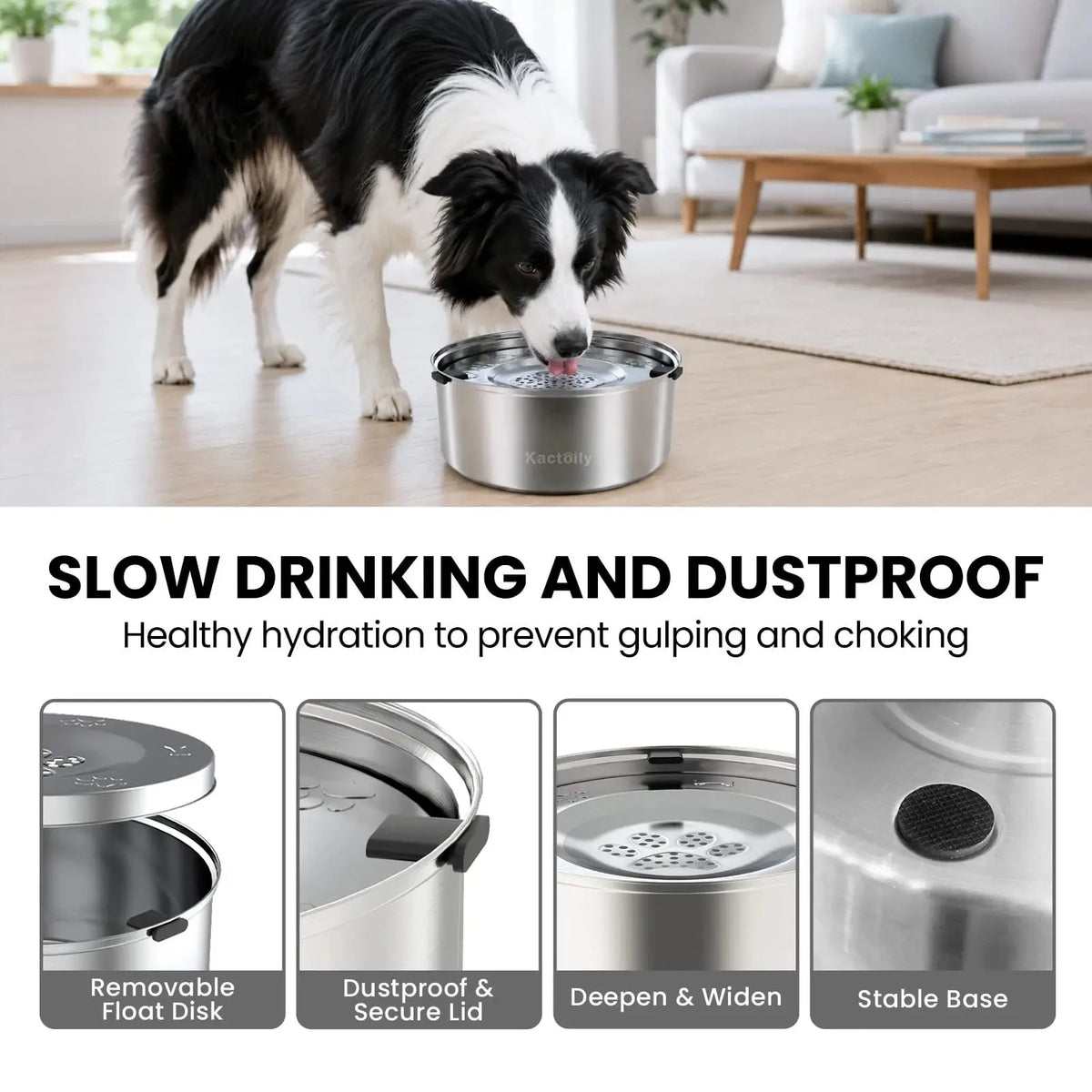 Kactoily 3L/101oz Stainless Steel Slow Drinking Dog Water Bowl, No-Spill & Splash-Proof Water Bowl for Medium & Large Dogs, Home, Car & Travel