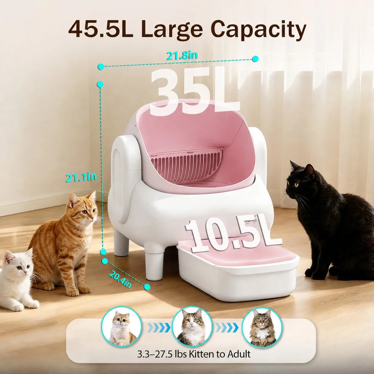 Automatic Cat Litter Box, Smart Self Cleaning Cat Litter Box Pink, App Control Anti-Pinch Safe Automatic Litter Box for Multiple Cats, Odor Isolation Large Space Cat Toilet