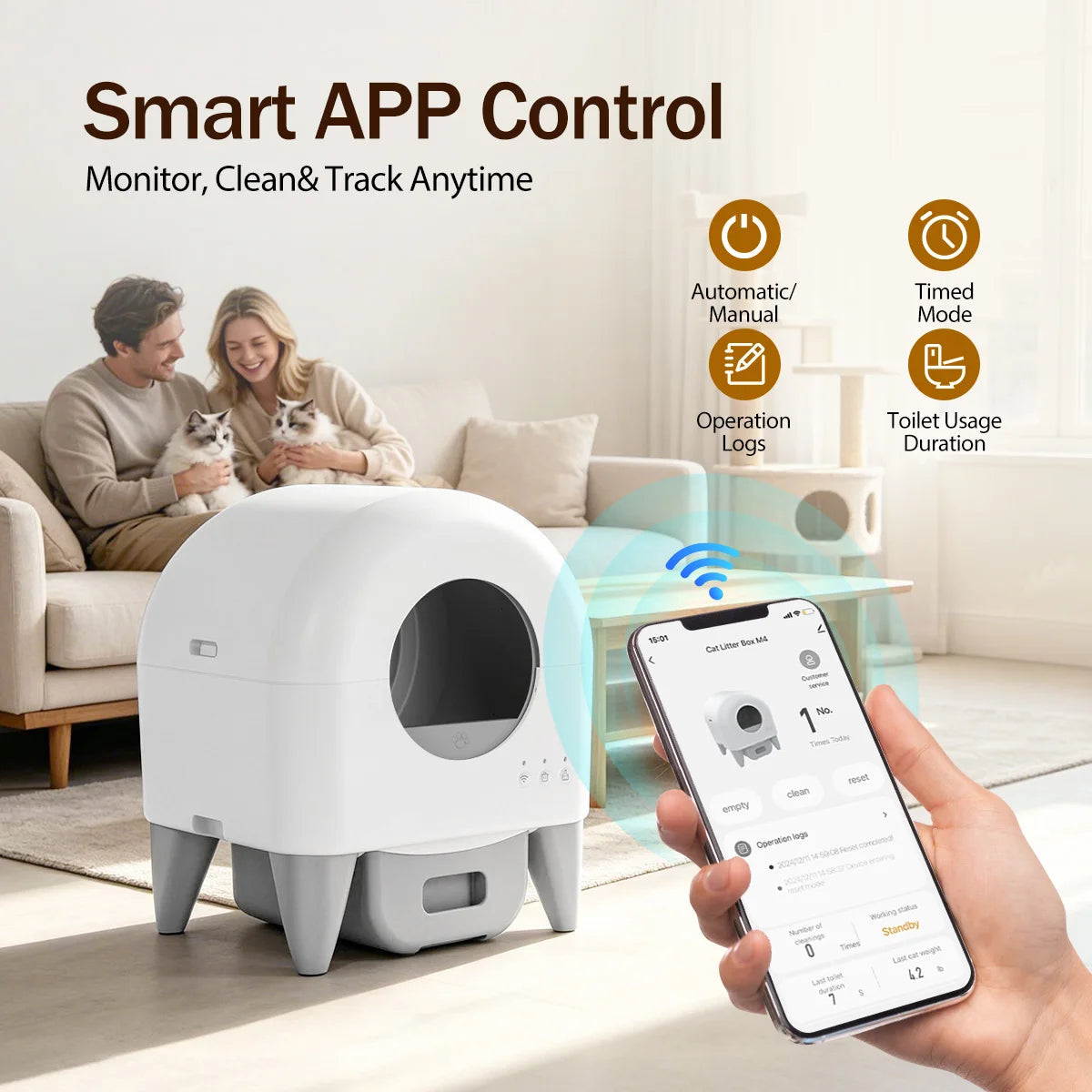 95L Self Cleaning Automatic Cat Litter Box, Smart App Monitor Enclosed Kitty Litter Box,Large Space for Multi-Cat Household White