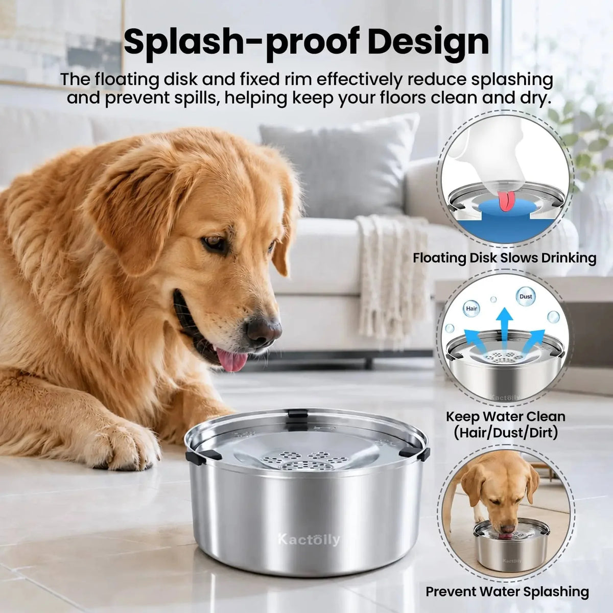 Kactoily 3L/101oz Stainless Steel Slow Drinking Dog Water Bowl, No-Spill & Splash-Proof Water Bowl for Medium & Large Dogs, Home, Car & Travel