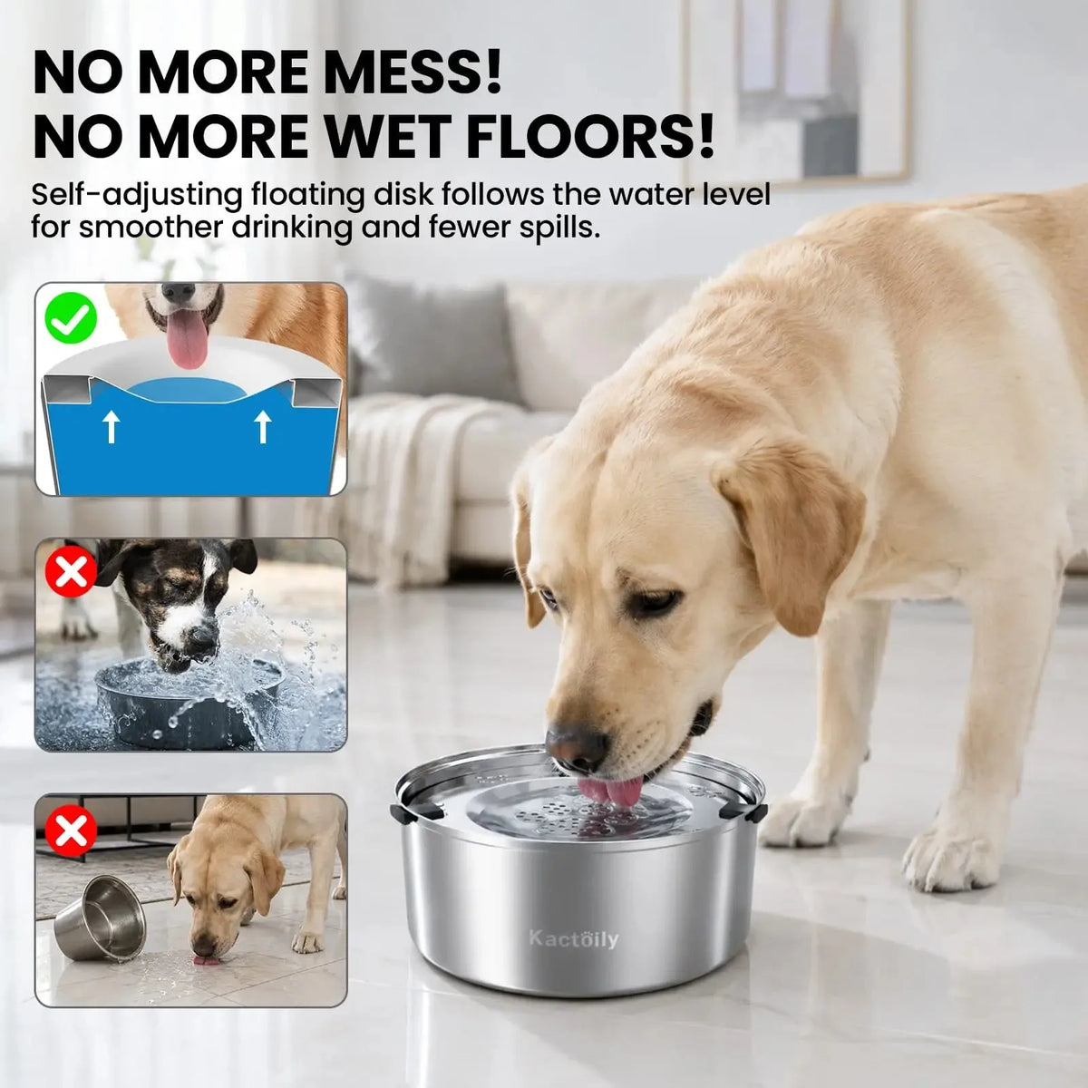 Kactoily 3L/101oz Stainless Steel Slow Drinking Dog Water Bowl, No-Spill & Splash-Proof Water Bowl for Medium & Large Dogs, Home, Car & Travel
