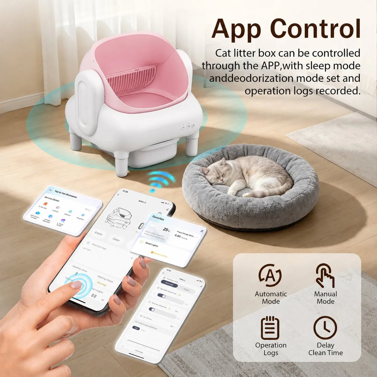 Automatic Cat Litter Box, Smart Self Cleaning Cat Litter Box Pink, App Control Anti-Pinch Safe Automatic Litter Box for Multiple Cats, Odor Isolation Large Space Cat Toilet