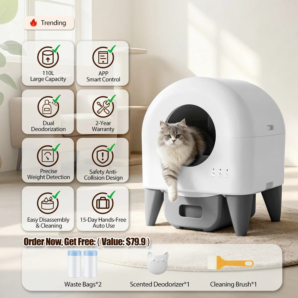 95L Self Cleaning Automatic Cat Litter Box, Smart App Monitor Enclosed Kitty Litter Box,Large Space for Multi-Cat Household White