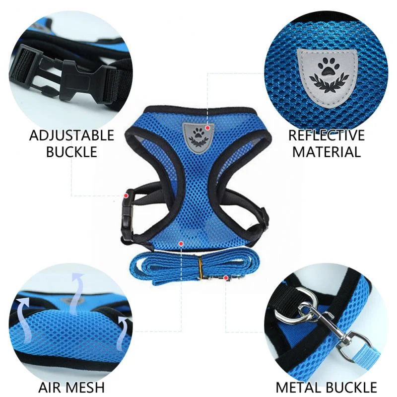 Adjustable Reflective Pet Harness With Leash For Dogs And Cats