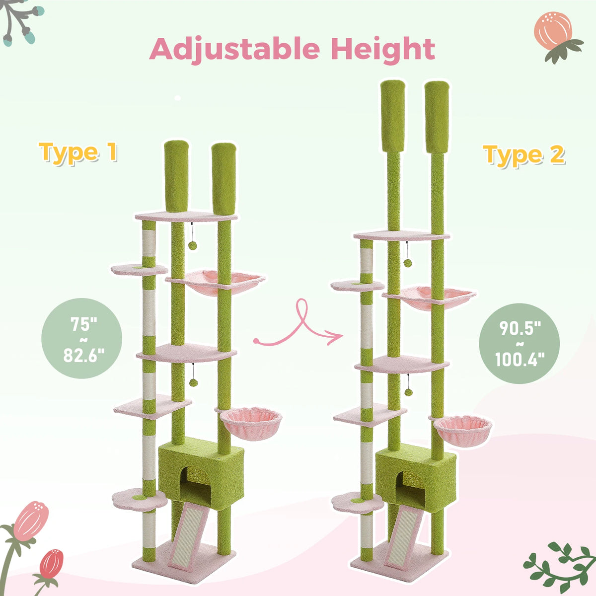 PETEPELA Adjustable Cactus Cat Tree With Condo Hammock And Scratcher