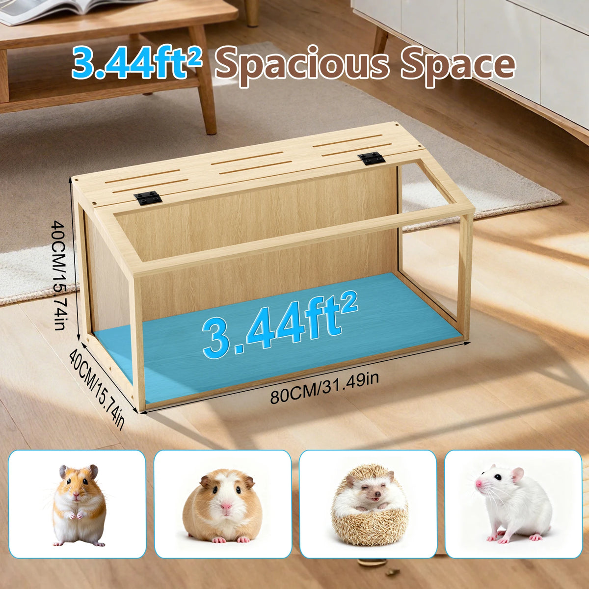 Wooden Hamster Habitat With Tempered Glass And LED Lighting