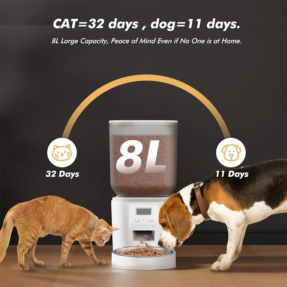 NITYERS 8L Automatic Cat Feeder, Smart Pet Food Dispenser with Key Control, Voice Recorder, Dual Power Supply, Timed Auto Dog Feeder with Stainless Steel Bowl