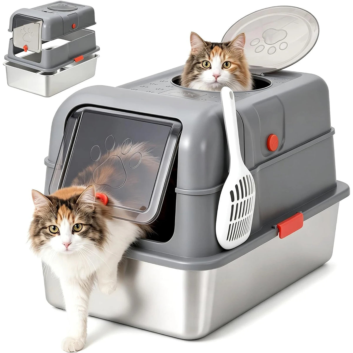 Dog-Proof Fully Enclosed Stainless Steel Litter Box with Lid | Enclosed, High Sided, Front Entry & Top Exit, Leak Proof Design, Scoop Included, Great for Large & Multi-Cat Homes - Pink