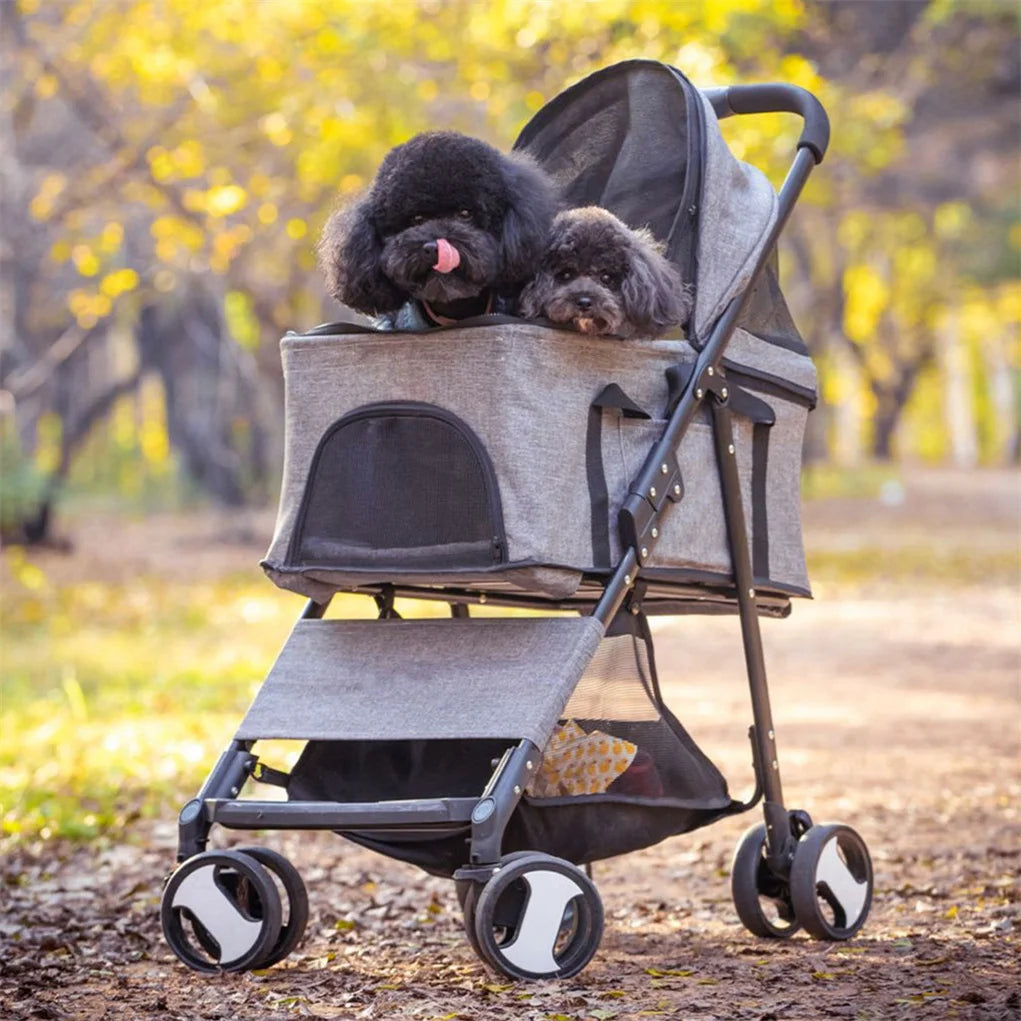 Foldable Pet Stroller With Storage Basket And Durable Wheels