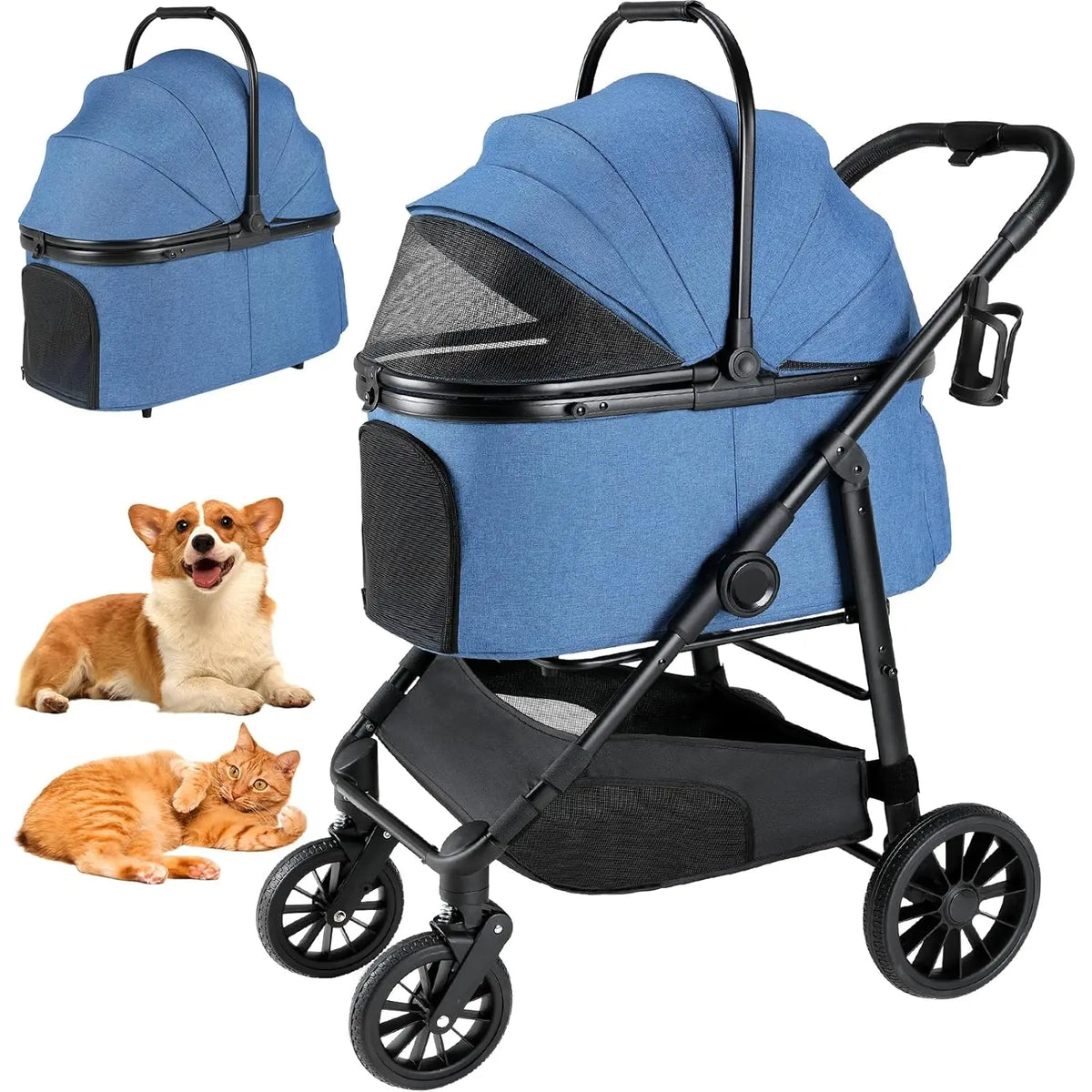 Foldable All Terrain Pet Stroller 3in1 Carrier Storage Cup Holder
