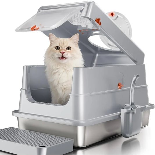 Xiuwo Enclosed Stainless Steel Cat Litter Box With Flip Cover