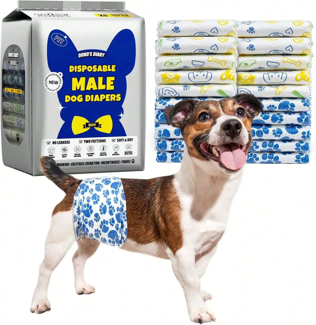DONO'S DIARY Dog Diapers Male, Disposable Male Dog, Ultra Absorbent Doggie Diapers, Rapid-Dry Leak-Proof Puppy Diapers, Wetness Indicator Excitable Urination Incontinence