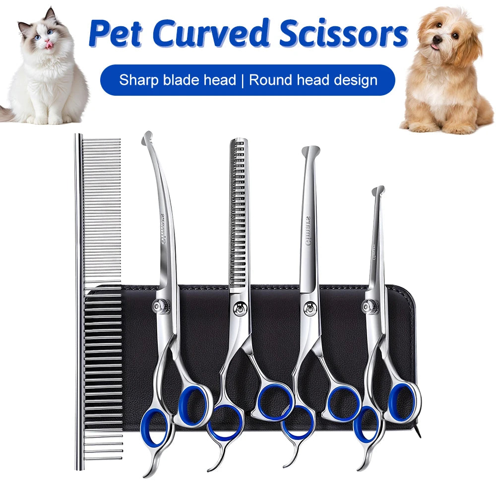 7-in-1 Professional Dog Grooming Scissors Set Stainless Steel Pet Clippers with Ceramic Coating Ergonomic Handle Safe round Tips And Storage Case