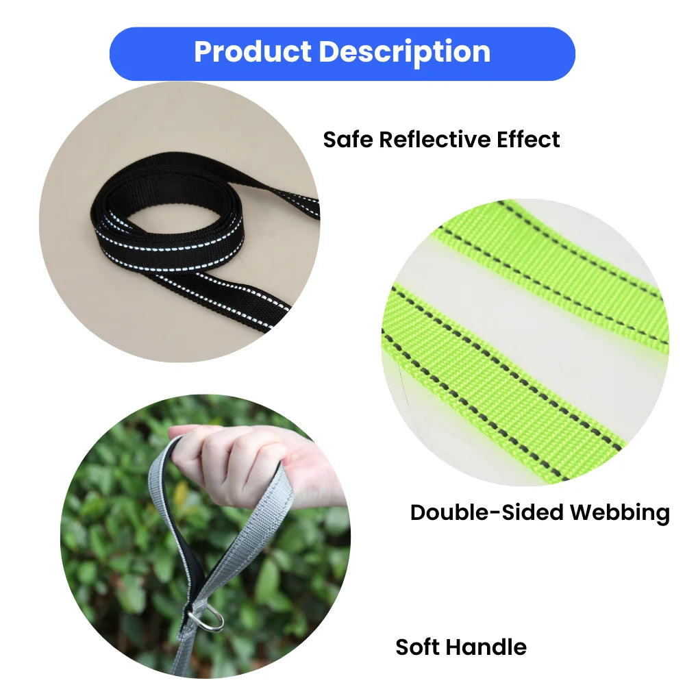 7PCS/Carton Reflective Dog Leash Double Sided Nylon Pet Lead with Padded Handle D Ring Metal Clip for Walking Training 3 Colors Mixed