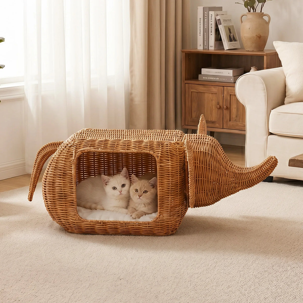 PEQULTI Handmade Rattan Cat Condo Bed With Plush Cushion Hideaway