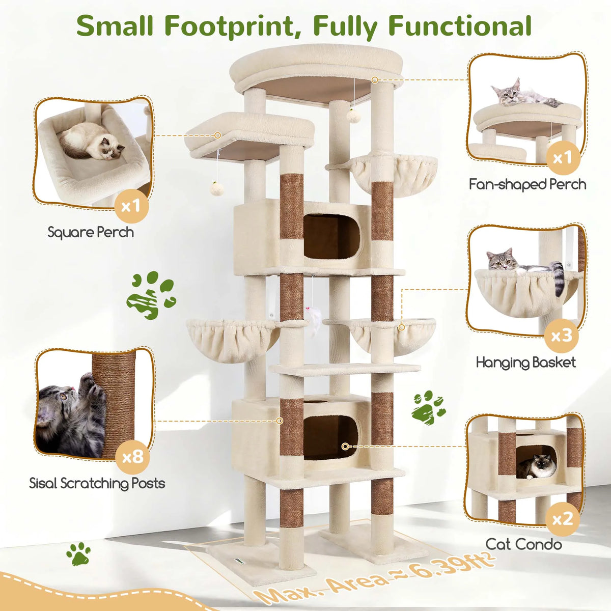 Globlazer 84" Floor to Ceiling Cat Tree Tower for Multiple Large Cats Adjustable Multi-Level Climbing Activity Center with Sisal Scratching Posts 2 Condos 3 Hammocks