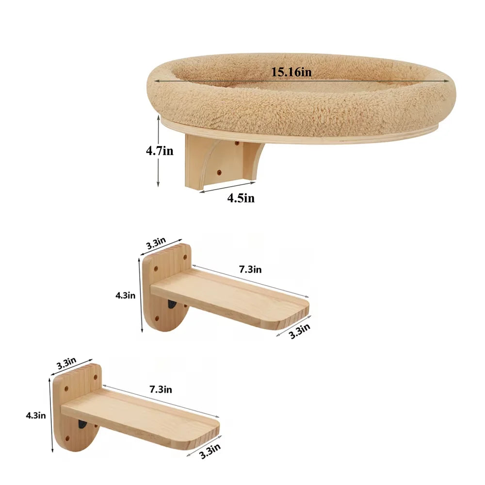 Cat Wall Mounted Wooden Hammock Ladder Scratching Post Perch