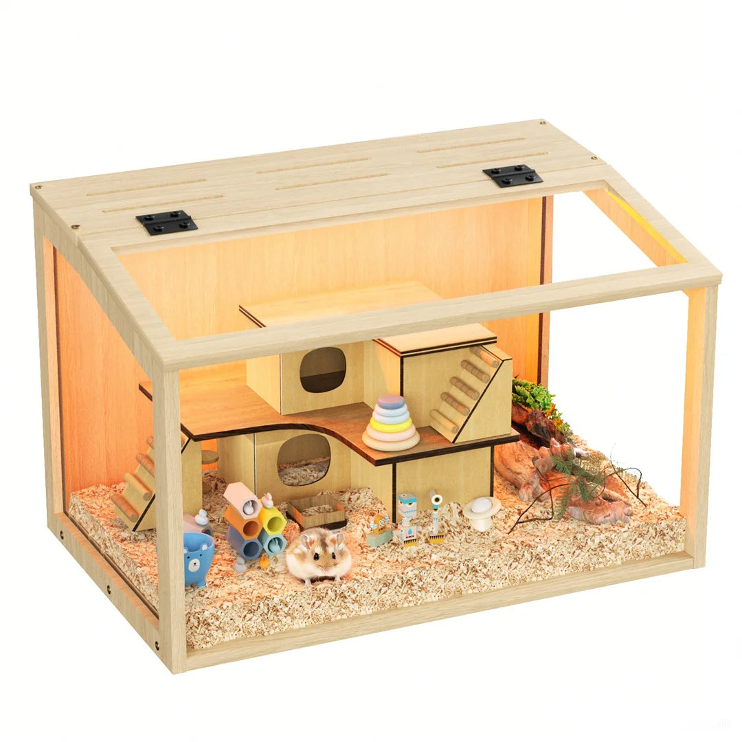 Wooden Hamster Cage With Glass Panels And LED Light Habitat