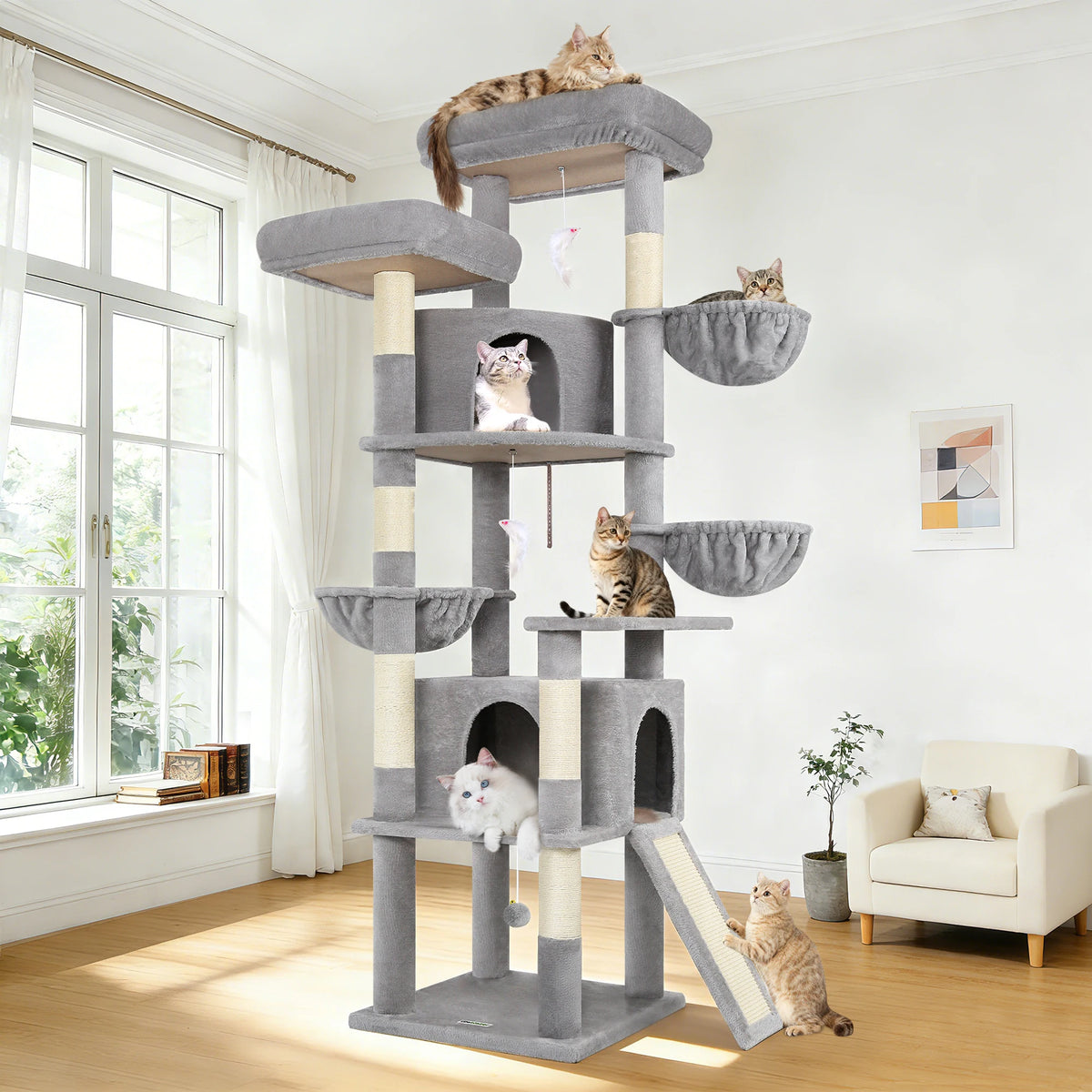 Globlazer 76" Cat Tower for 2-3 Large Cats Multi-Level Cat Tree with Hammock Scratching Post 2 Condos and 3 Hammocks
