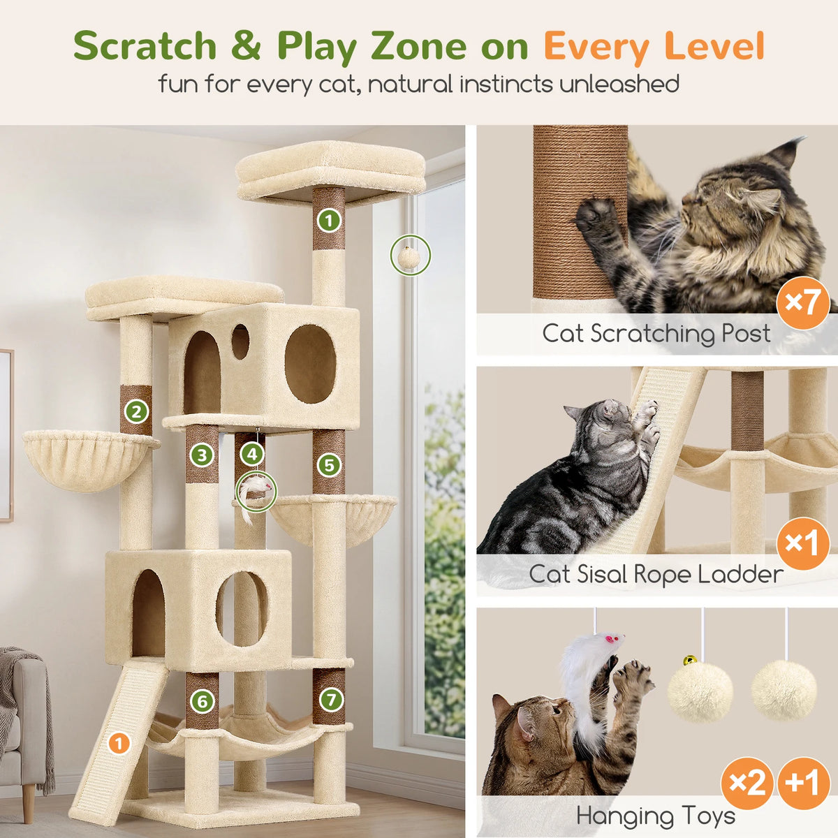 Globlazer 76" Large Cat Tree Tower for Indoor Cats, Multi-Level Cat Climbing Activity Center with 2 Condos, 2 Hammocks, 3 Perches, Sisal Scratching Posts and Board for 2-3 Medium Large Cats