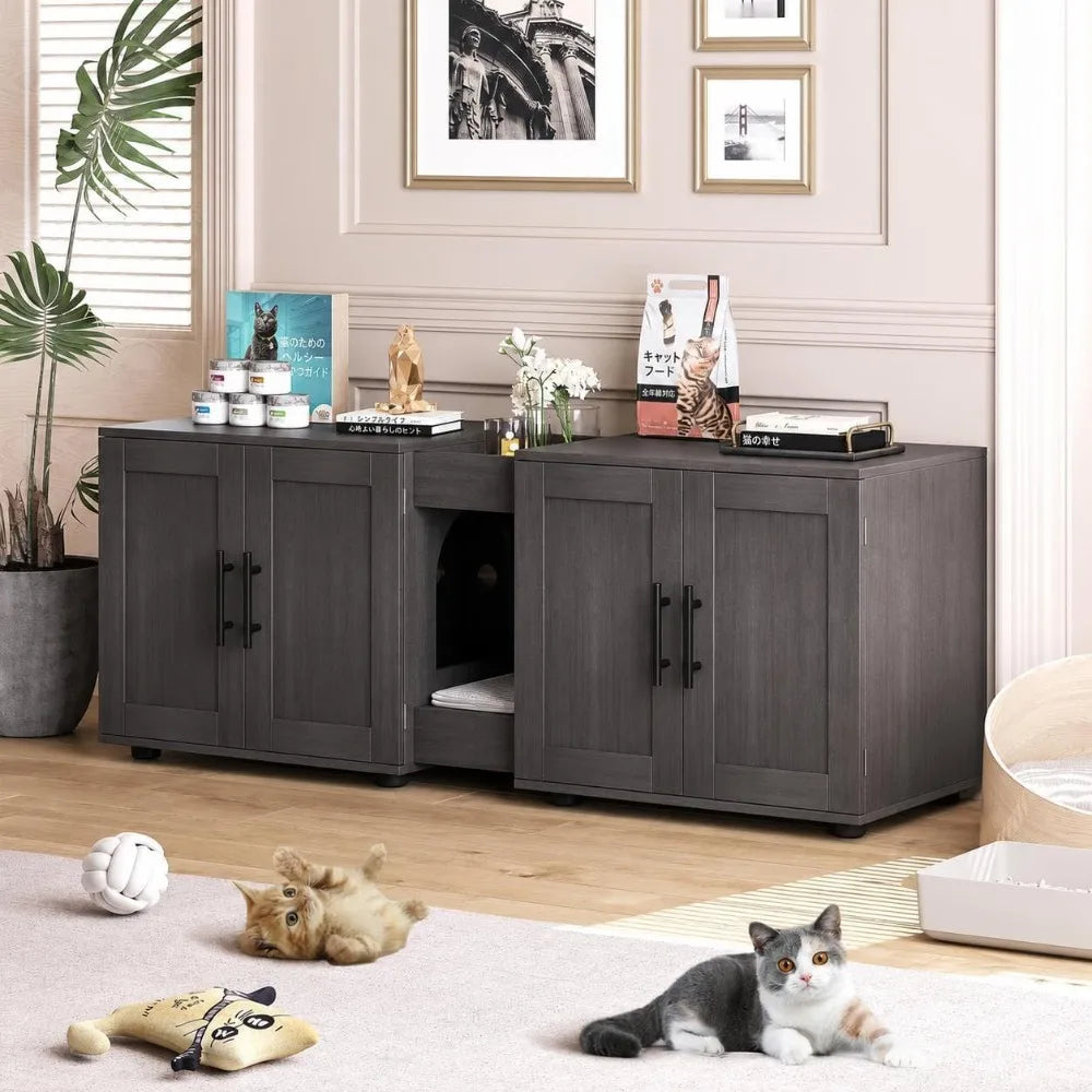 Garvee Wooden Double Room Cat Litter Box Enclosure Furniture