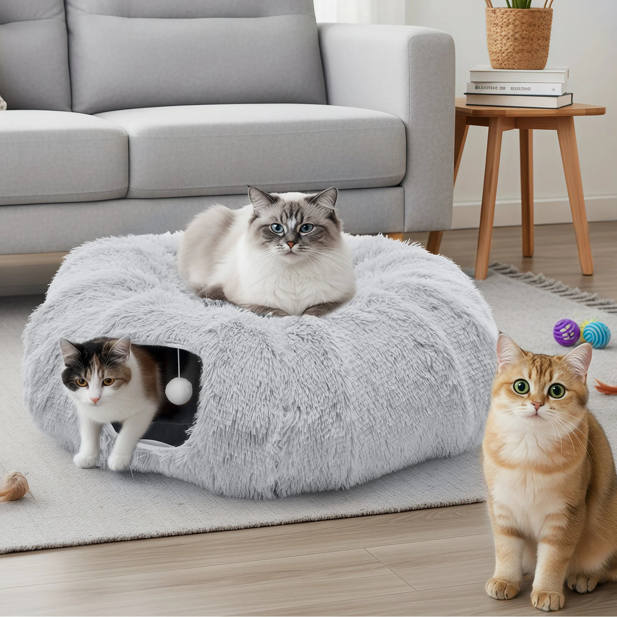 JHK Doughnut Cat Tunnel Bed With Plush Washable Cat Toy
