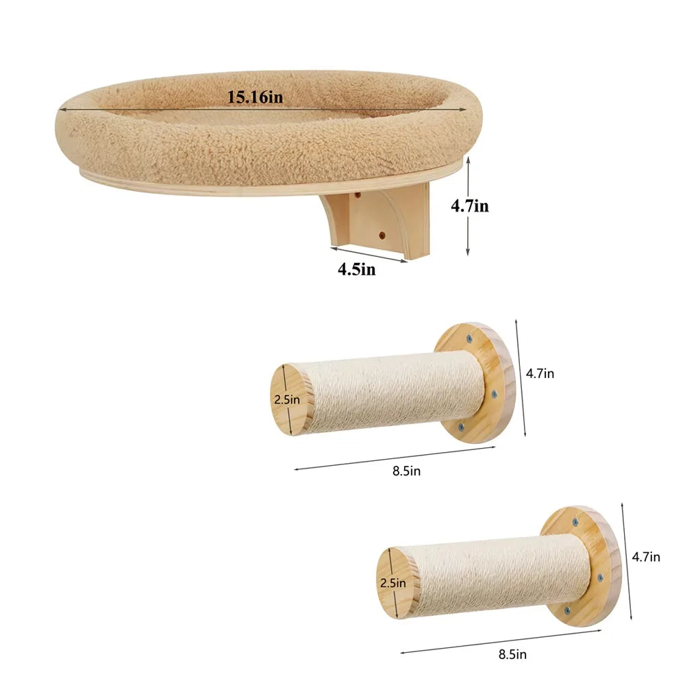 Cat Wall Mounted Wooden Hammock Ladder Scratching Post Perch
