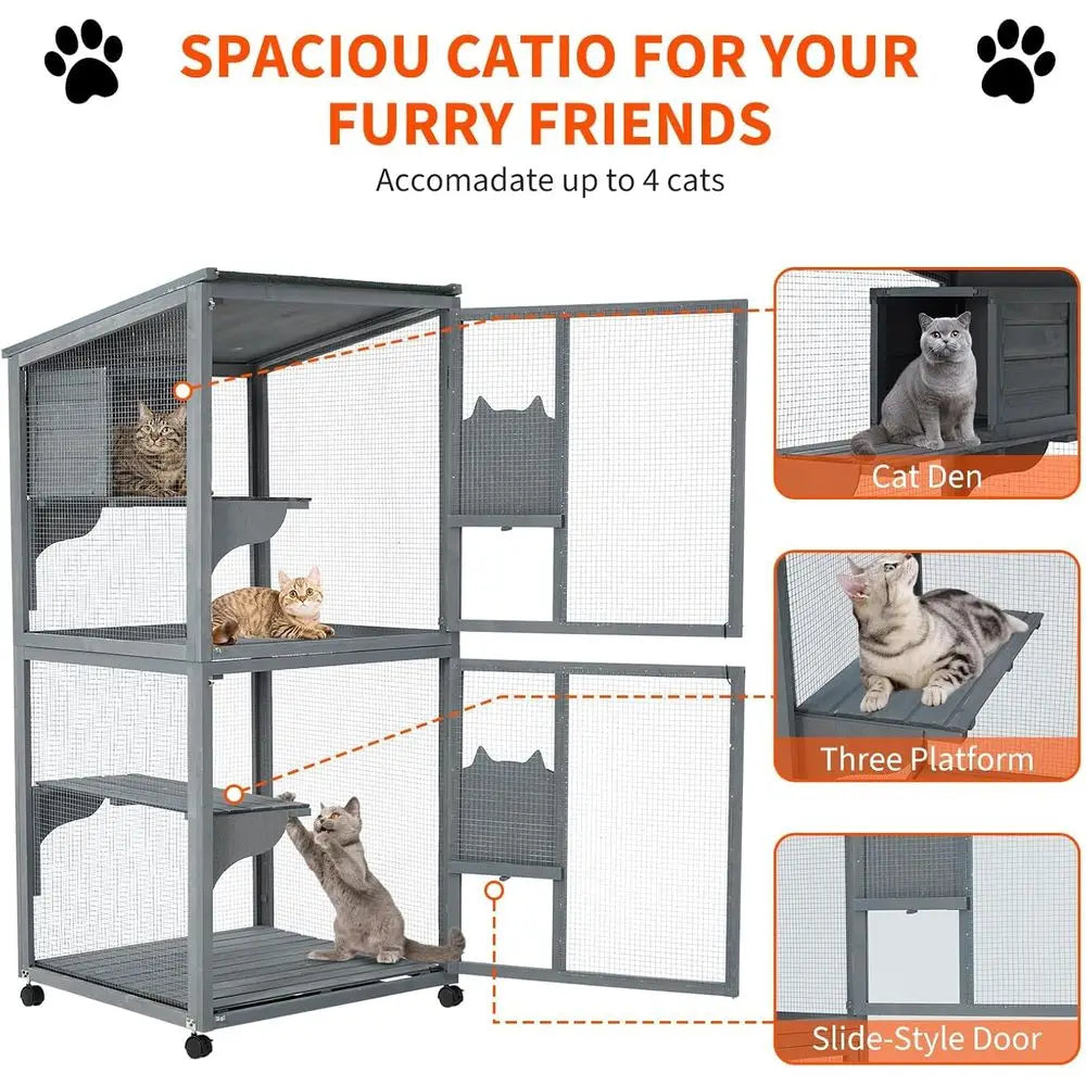 Multi Level Cat Enclosure With Lockable Wheels And Cabin