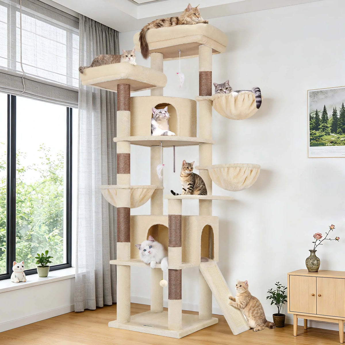 Globlazer 76" Cat Tower for 2-3 Large Cats Multi-Level Cat Tree with Hammock Scratching Post 2 Condos and 3 Hammocks