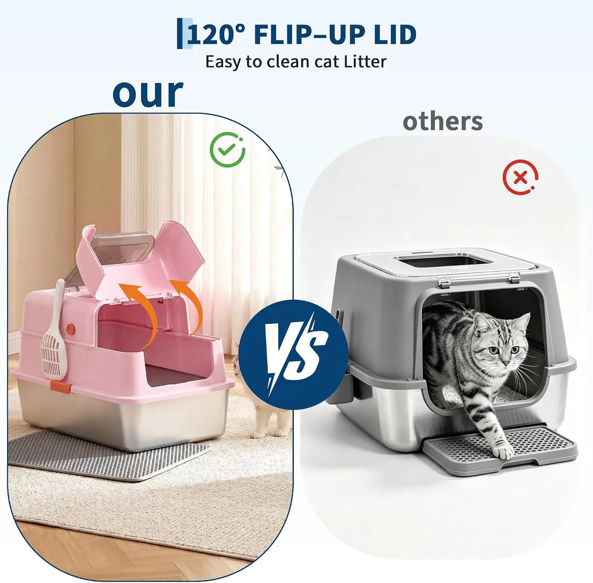 Dog-Proof Fully Enclosed Stainless Steel Litter Box with Lid | Enclosed, High Sided, Front Entry & Top Exit, Leak Proof Design, Scoop Included, Great for Large & Multi-Cat Homes - Pink