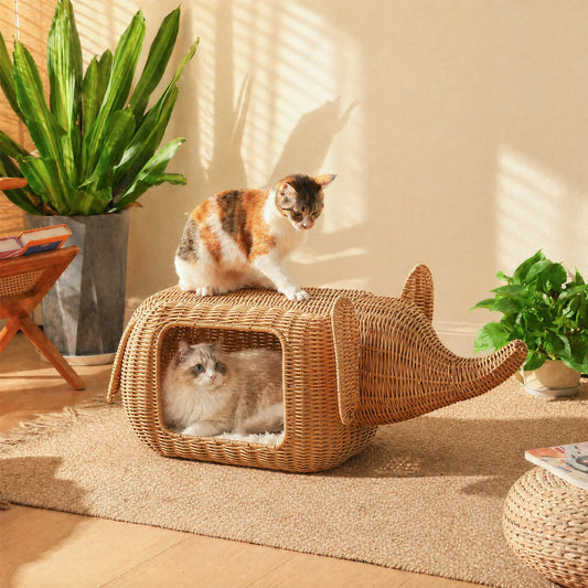 PEQULTI Handmade Rattan Cat Condo Bed With Plush Cushion Hideaway