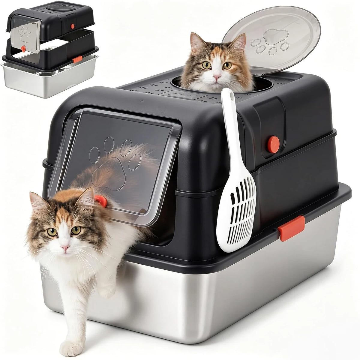 Dog-Proof Fully Enclosed Stainless Steel Litter Box with Lid | Enclosed, High Sided, Front Entry & Top Exit, Leak Proof Design, Scoop Included, Great for Large & Multi-Cat Homes - Pink