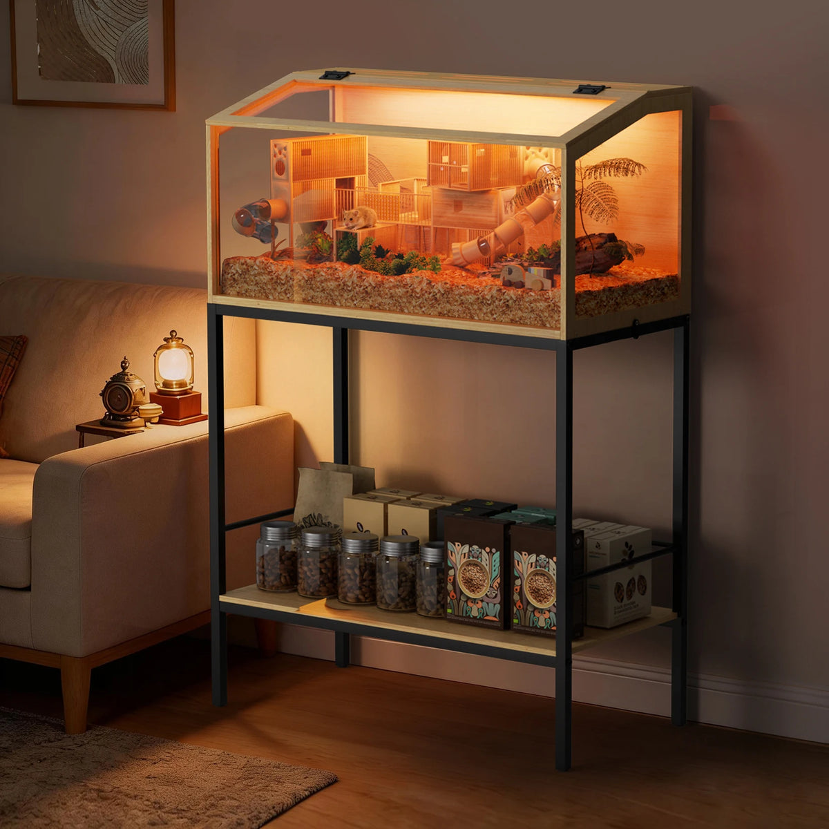 Wooden Hamster Habitat With Tempered Glass And LED Lighting