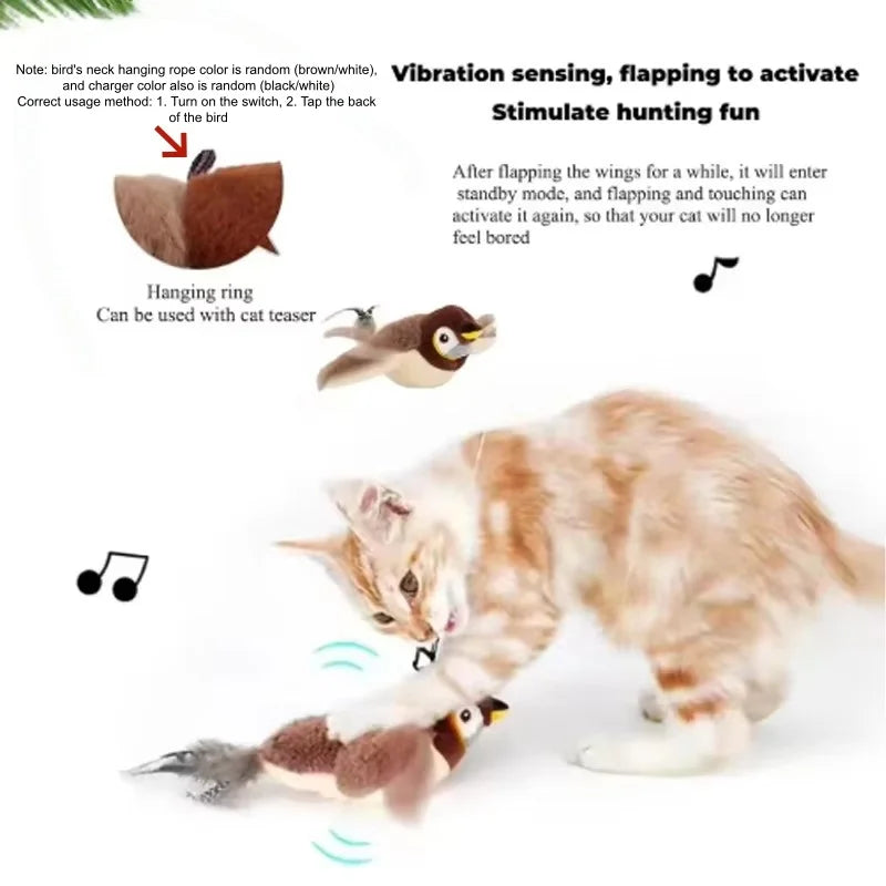 Touch Activated Simulated Bird Cat Toy Interactive Flapping Plush Plaything