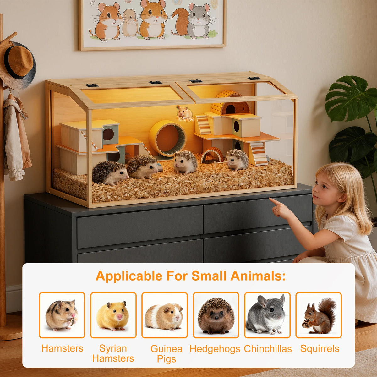 Wooden Hamster Cage With Glass Panels And LED Light Habitat