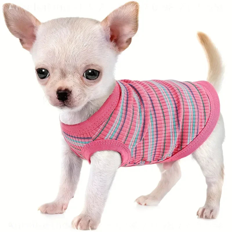Soft Ribbed Dog Vest Pink Striped Tank for Small to Extra Small Breeds Easy Pullover Style Hand Wash Pet Clothing
