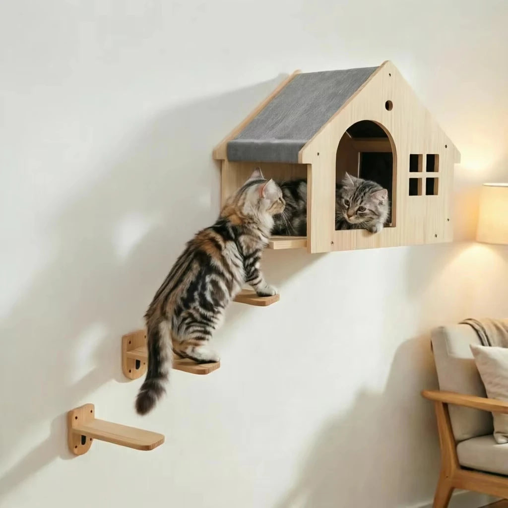 Wood Wall Mounted Cat Condo Villa Climbing Shelf For Cats