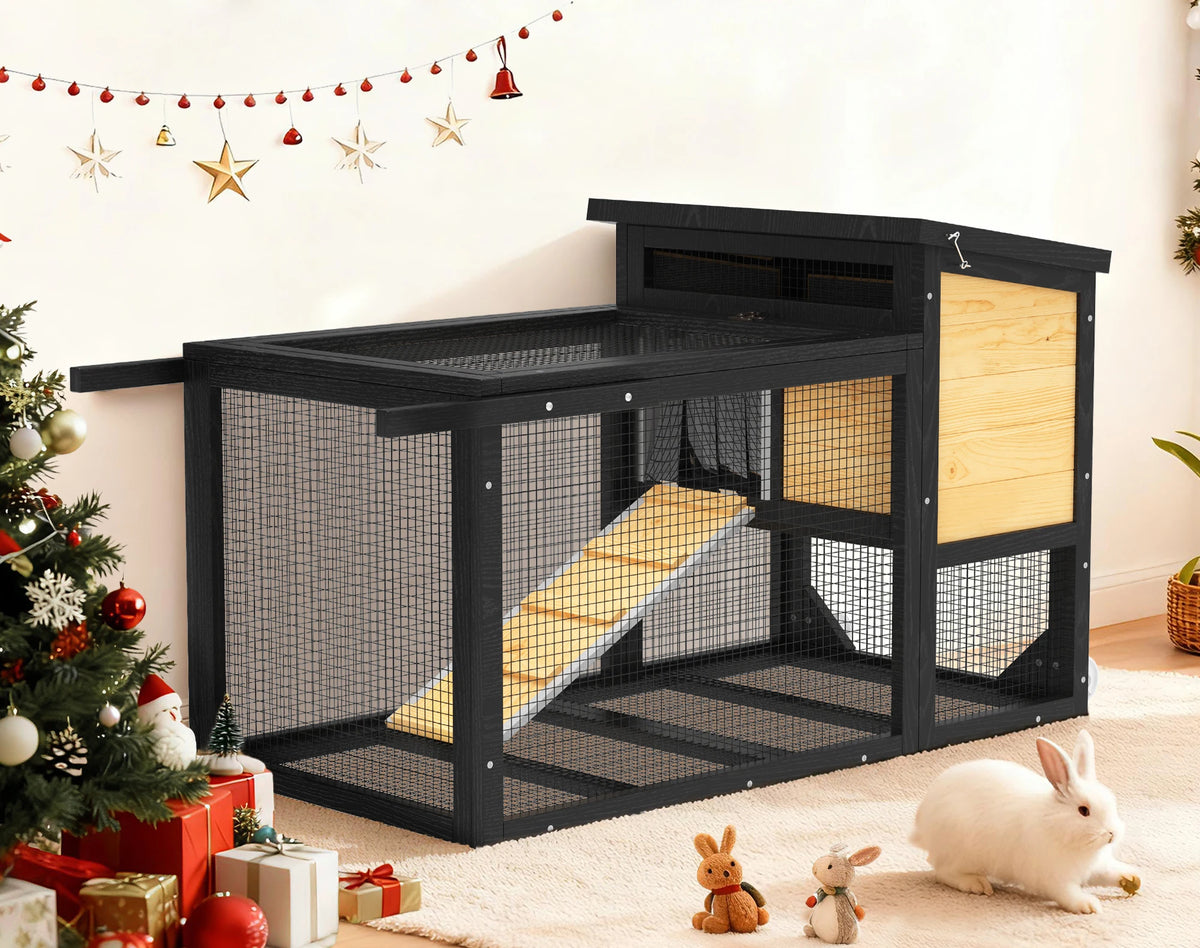 Outdoor Wooden Rabbit Hutch With Wheels And Pull Out Tray
