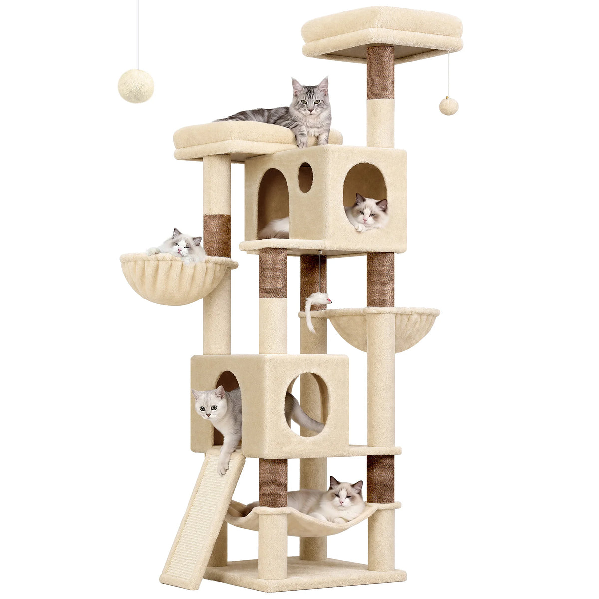 Globlazer 76" Large Cat Tree Tower for Indoor Cats, Multi-Level Cat Climbing Activity Center with 2 Condos, 2 Hammocks, 3 Perches, Sisal Scratching Posts and Board for 2-3 Medium Large Cats