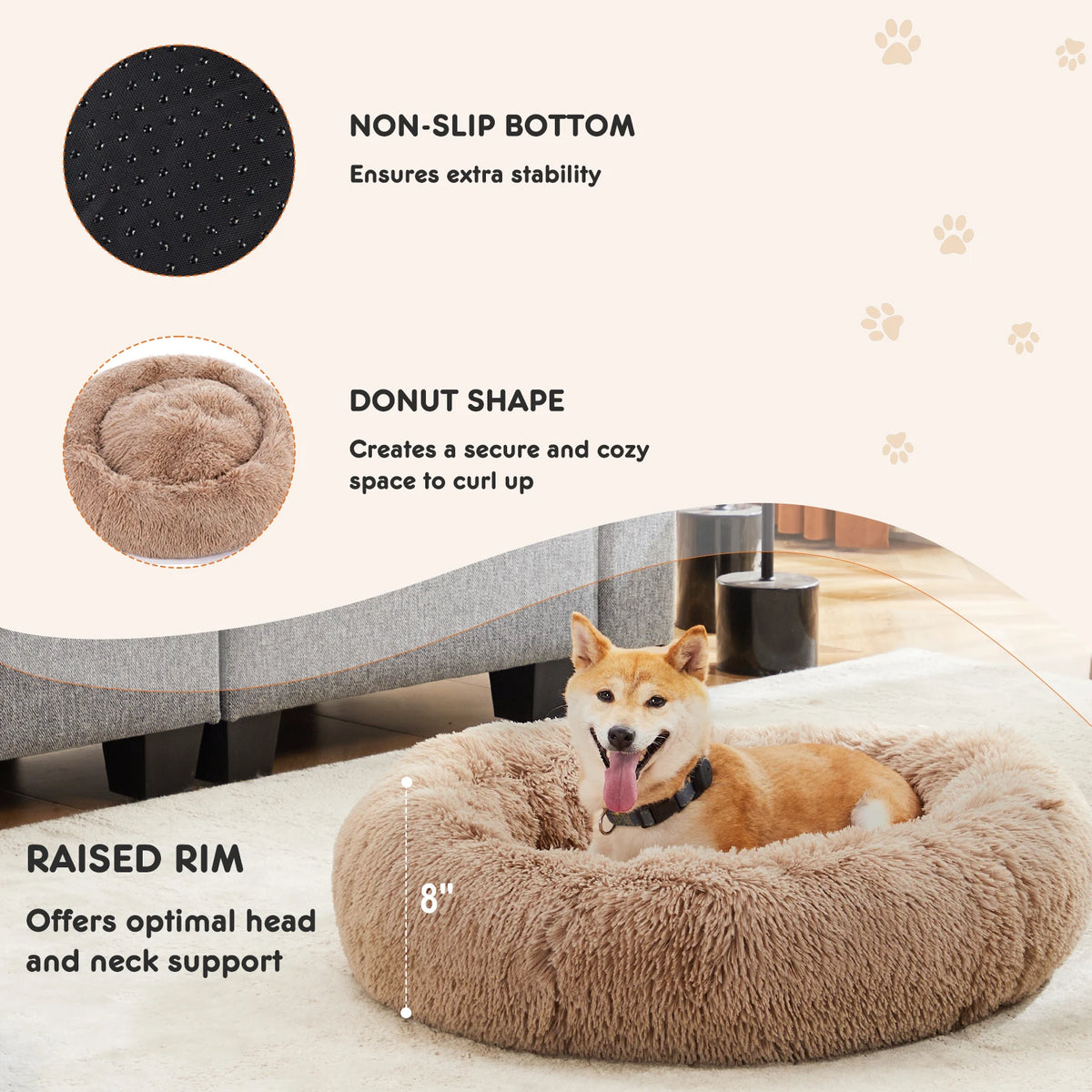 JHK Soft Plush Faux Fur Calming Dog Bed Non Slip Base
