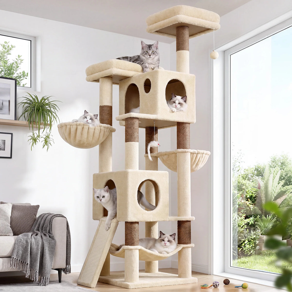 Globlazer 76" Large Cat Tree Tower for Indoor Cats, Multi-Level Cat Climbing Activity Center with 2 Condos, 2 Hammocks, 3 Perches, Sisal Scratching Posts and Board for 2-3 Medium Large Cats